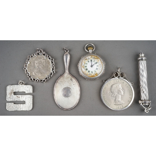 269 - Small quantity of silver mounted items to include coin pendants, silver fob watch, silver propelling... 