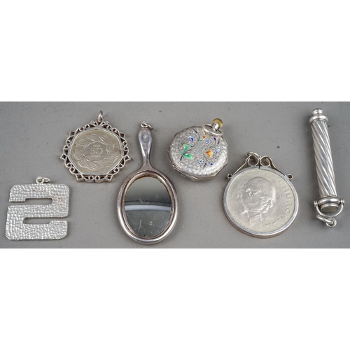 269 - Small quantity of silver mounted items to include coin pendants, silver fob watch, silver propelling... 