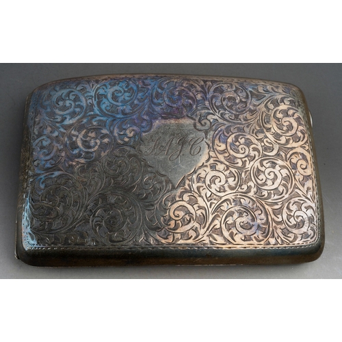 275 - A George V silver engraved cushion shaped cigarette case, gilt interior, hallmarked J Gloster Ltd, B... 