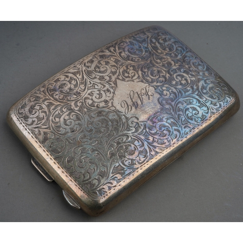 275 - A George V silver engraved cushion shaped cigarette case, gilt interior, hallmarked J Gloster Ltd, B... 