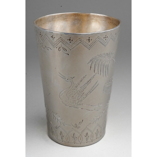 281 - A Victorian silver Aesthetic tapering beaker, bright cut engraved with Cranes and reeds under zig-za... 