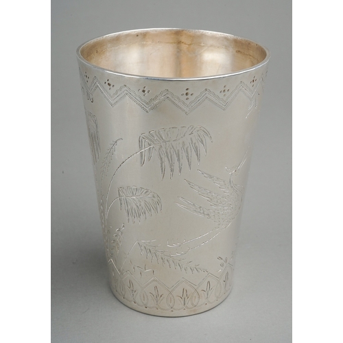 281 - A Victorian silver Aesthetic tapering beaker, bright cut engraved with Cranes and reeds under zig-za... 