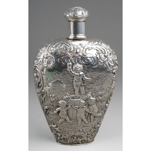 282 - A Victorian silver heart shaped spirit flask, the body chased and engraved putti frolicking in Arcad... 