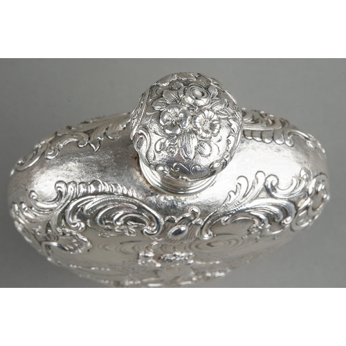 282 - A Victorian silver heart shaped spirit flask, the body chased and engraved putti frolicking in Arcad... 