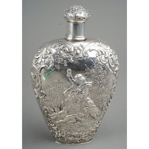 282 - A Victorian silver heart shaped spirit flask, the body chased and engraved putti frolicking in Arcad... 