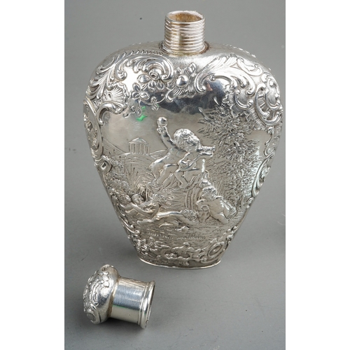 282 - A Victorian silver heart shaped spirit flask, the body chased and engraved putti frolicking in Arcad... 