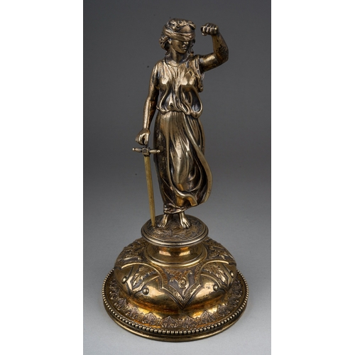 288 - A Victorian silver gilt female figure of Justice, cast as blind folded with arm raised (lacks scales... 