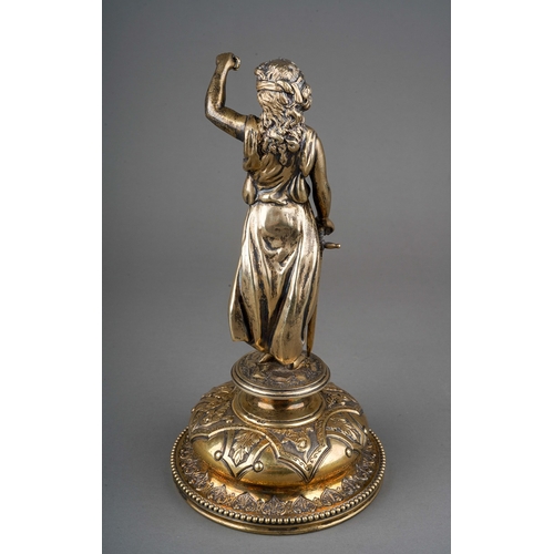 288 - A Victorian silver gilt female figure of Justice, cast as blind folded with arm raised (lacks scales... 