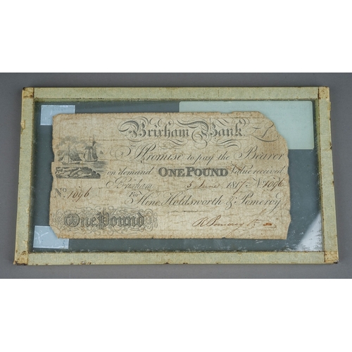 309 - 1817 Brixham Bank £1 note, Mounted between two plates of glass.