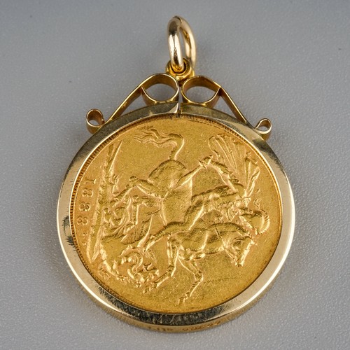 313 - 1888 Full sovereign in 9 ct gold mount, gross weight 9.3g