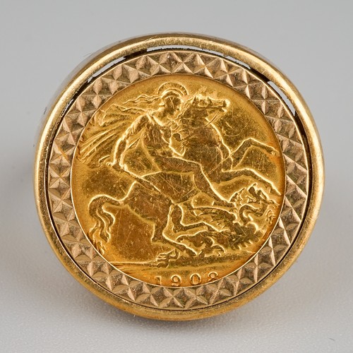 314 - 1908 half sovereign, mounted in 9 ct gold ring, gross weight 10.7g