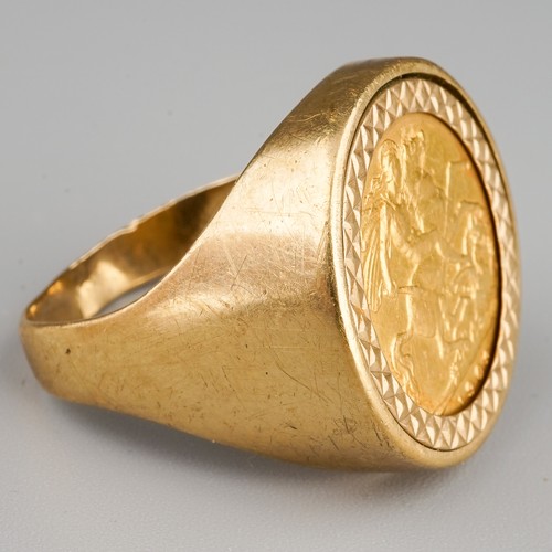 314 - 1908 half sovereign, mounted in 9 ct gold ring, gross weight 10.7g