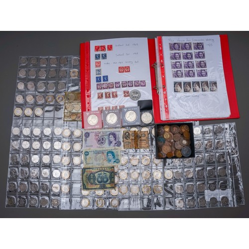 319 - A collection of coins and stamps in folder and loose, coins include fifty seven £2 coins, approximat... 