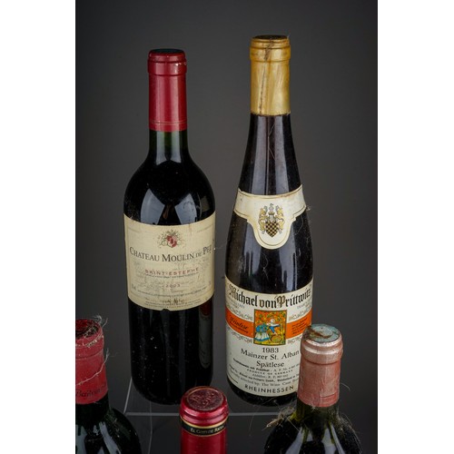 323 - Nine bottles of port, whisky and wine, comprising Dow's 1986 Quinta Do Bomfim vintage port, a bottle... 