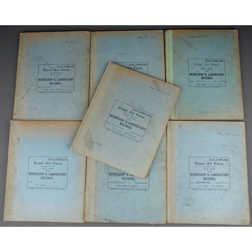 335 - Seven Royal Air Force Note Books for Workshop & Laboratory Records, R.A.F. Form 620, a mixture of pa... 