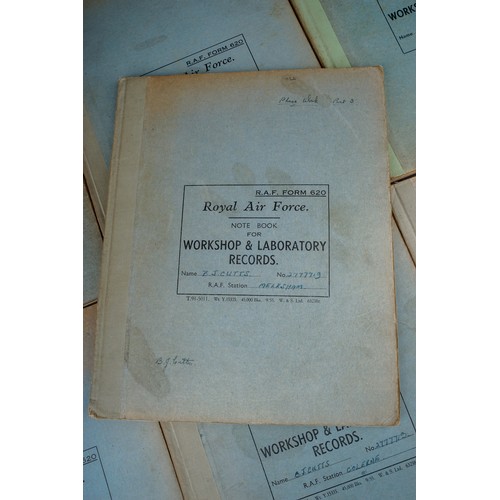 335 - Seven Royal Air Force Note Books for Workshop & Laboratory Records, R.A.F. Form 620, a mixture of pa... 