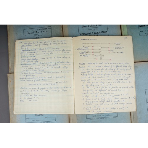 335 - Seven Royal Air Force Note Books for Workshop & Laboratory Records, R.A.F. Form 620, a mixture of pa... 