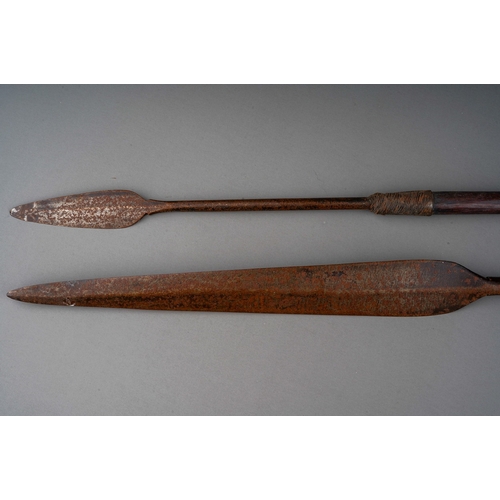 346 - Pair of African wire bound Assegi type spears, both with bound repairs, approx. 125-135 cm long