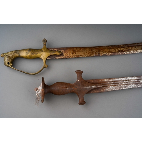 347 - Two antique Indian swords, one with brass grip, other steel hilted Tulwar