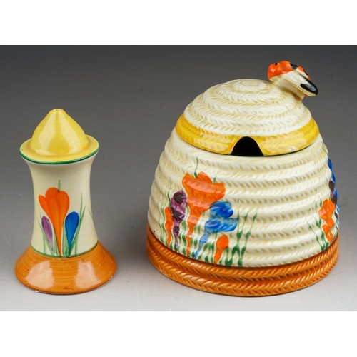 372 - Two items of Clarice Cliff Bizarre Crocus pattern for Newport Pottery, comprising a honey pot and co... 