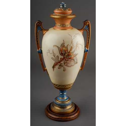 386 - A Royal Worcester twin handled baluster vase and cover, model no.1481, the blush ivory ground enamel... 