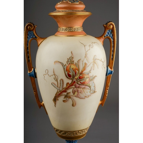 386 - A Royal Worcester twin handled baluster vase and cover, model no.1481, the blush ivory ground enamel... 