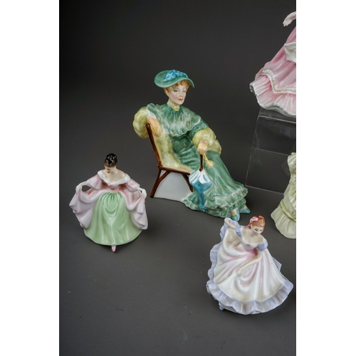 388 - Eight Royal Doulton lady figures and a Royal Worcester figure Fragrance, the Royal Doulton comprises... 