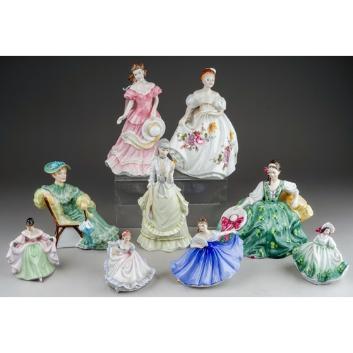 388 - Eight Royal Doulton lady figures and a Royal Worcester figure Fragrance, the Royal Doulton comprises... 