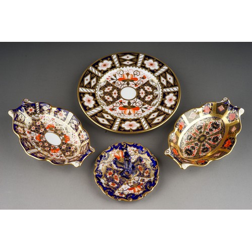 395 - Four pieces of Royal Crown Derby Imari, comprising a solid gold band 1128 pattern bonbon dish (secon... 