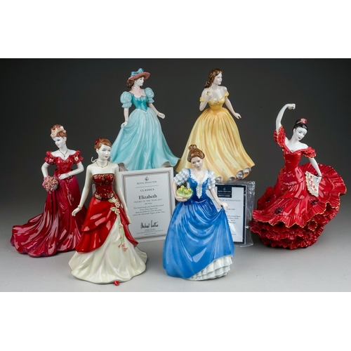 397 - Six Royal Doulton / Coalport lady figures, the Royal Doulton comprising  Elizabeth - figure of the y... 