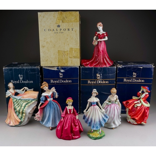 405 - A collection of seven Royal Doulton, Royal Worcester and Coalport lady figures, the Royal Doulton co... 