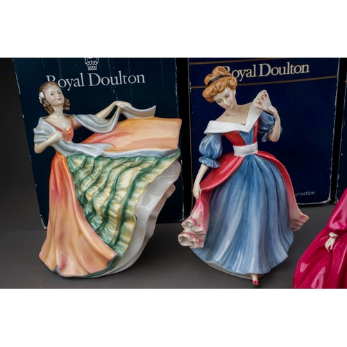 405 - A collection of seven Royal Doulton, Royal Worcester and Coalport lady figures, the Royal Doulton co... 