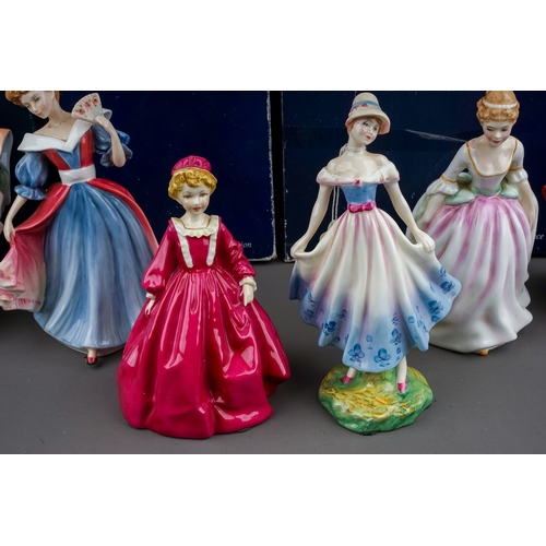 405 - A collection of seven Royal Doulton, Royal Worcester and Coalport lady figures, the Royal Doulton co... 