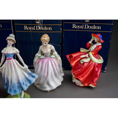 405 - A collection of seven Royal Doulton, Royal Worcester and Coalport lady figures, the Royal Doulton co... 