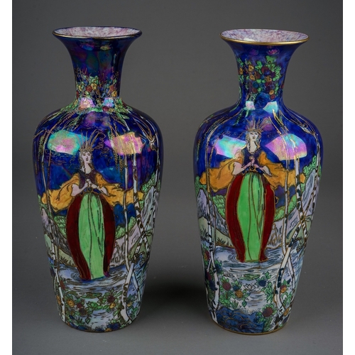 411 - A pair of early 20th Century Fairy Queen lustre vases, circa 1920m possibly Wilton Ware in the manne... 