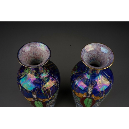 411 - A pair of early 20th Century Fairy Queen lustre vases, circa 1920m possibly Wilton Ware in the manne... 