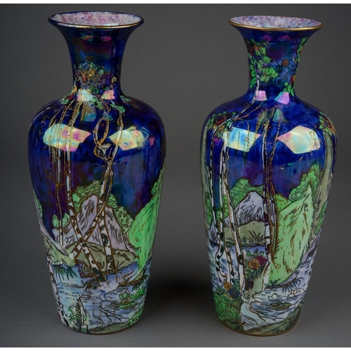 411 - A pair of early 20th Century Fairy Queen lustre vases, circa 1920m possibly Wilton Ware in the manne... 