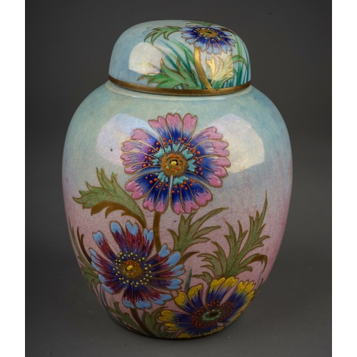 416 - An early 20th Century Carlton Ware lustre ginger jar and cover, decorated with daisies on pale blue ... 