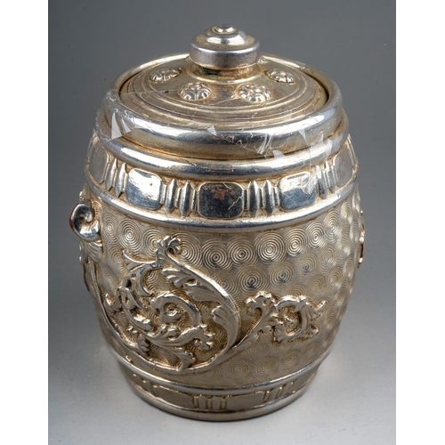 433 - Royal Doulton silver lustre tobacco jar, mounted with hallmarked silver rim and knop, marked to base