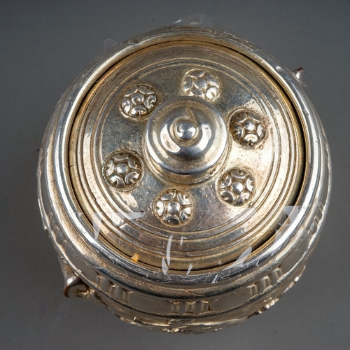 433 - Royal Doulton silver lustre tobacco jar, mounted with hallmarked silver rim and knop, marked to base