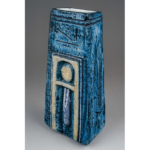 444 - A Troika pottery coffin vase, blue and buff ground, inscribed decoration, painted marks, initialled ... 