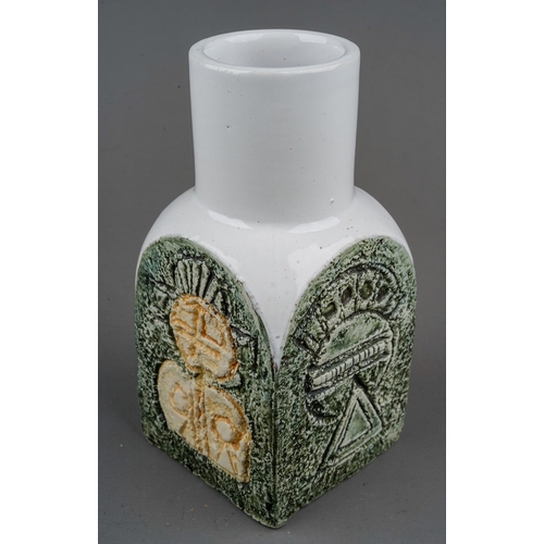 445 - A Troika spice jar, white, green and buff ground with incised decoration, painted marks and initiall... 