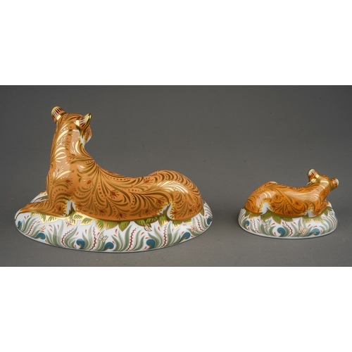 448 - Two Royal Crown Derby paperweights, Lioness and Lion Cub, both gold stoppers, first quality, no boxe... 