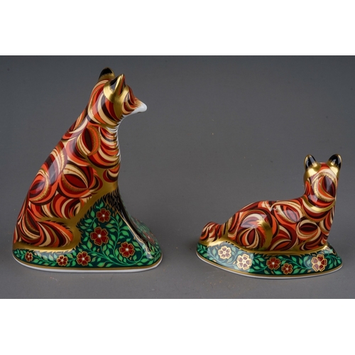 449 - Two Royal Crown Derby paperweights, comprising Vixen and Fox Cub, both with gold stoppers, first qua... 