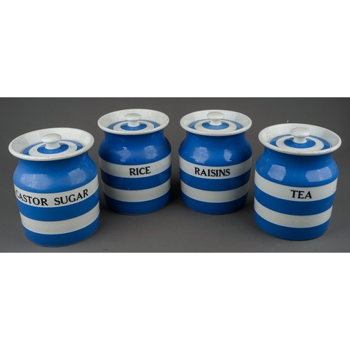 454 - A collection of 4 large early T.G Green Cornish ware blue and white kitchen jars to include TEA, RIC... 