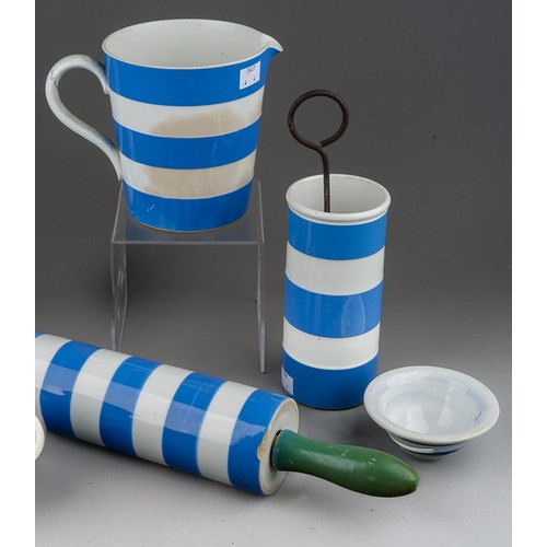 458 - A collection of 4 early T.G Green Cornish ware blue and white kitchen items including MILK jug, roll... 