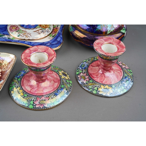 469 - A collection of early 20th Century Maling lustre wares to include two pairs of desk candlesticks (Pe... 