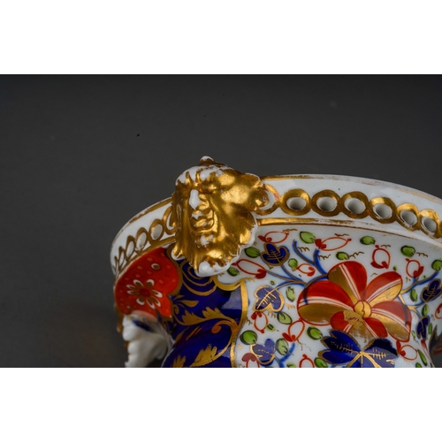 484 - A 19th Century Derby campana shaped Pot Pourri dish in the Imari pallette, the border with four gilt... 