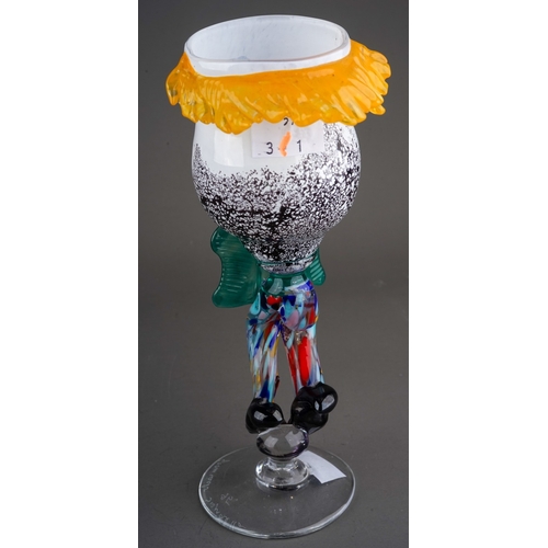 499 - Giancarlo Signoretto, Murano, glass goblet modeled as a clown with blue lips and large green bow, me... 