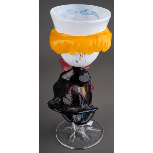 502 - Giancarlo Signoretto, Murano, glass goblet modeled as a clown wearing a cloak and a pink bow , measu... 